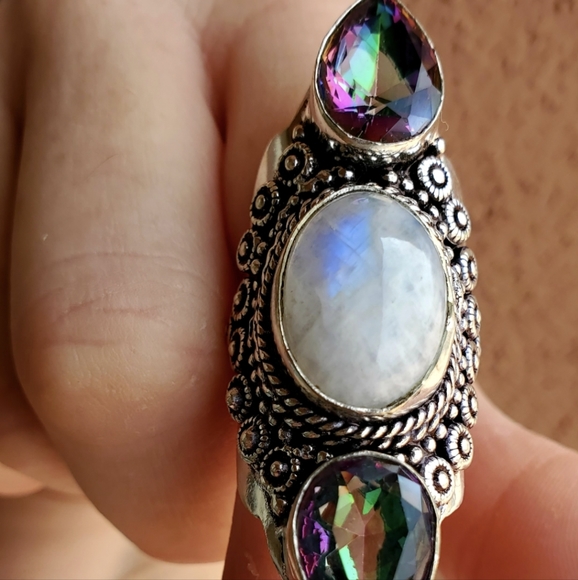 New Rainbow Moonstone & Mystic Topaz Silver Statement Ring. - Picture 7 of 11